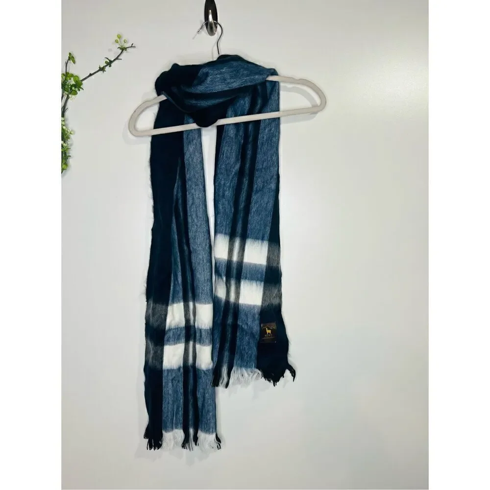 Alpaca Ethnica Blue Black White Plaid Scarf